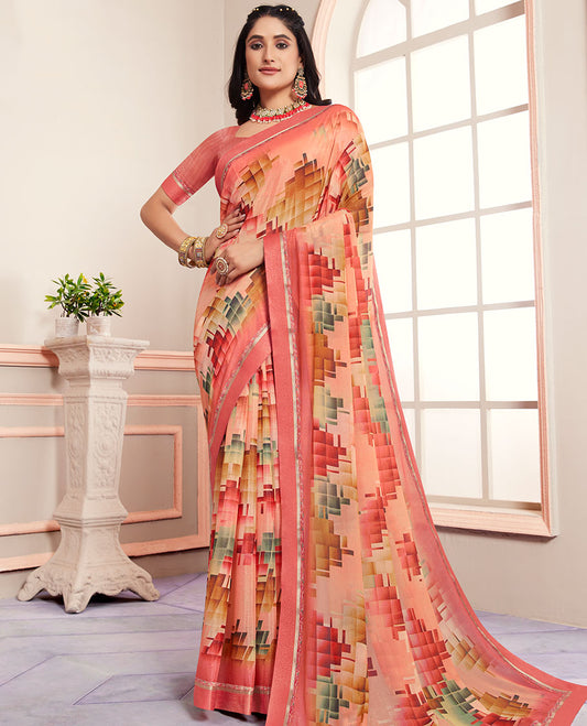 Multi Colour abstract-style printed casual wear brasso saree, striped border