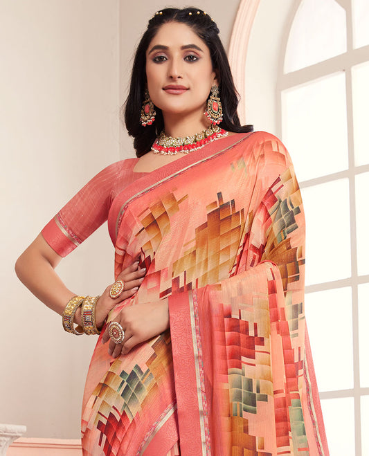Multi Colour abstract-style printed casual wear brasso saree, striped border