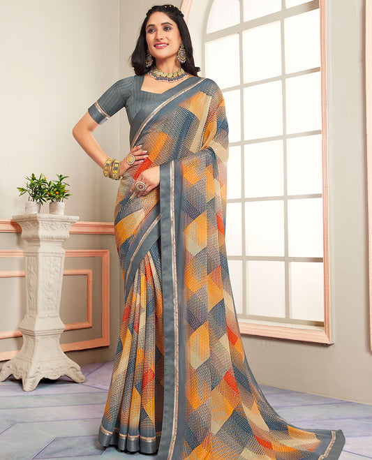 Multi-color abstract-style argyle printed casual wear brasso saree, striped border