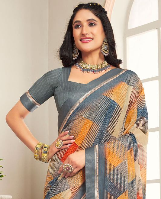Multi-color abstract-style argyle printed casual wear brasso saree, striped border