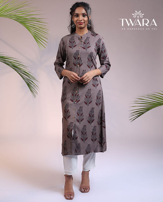 Twara grey floral printed 3/4th sleeve & Chinese collar rayon straight-cut below-knee kurti