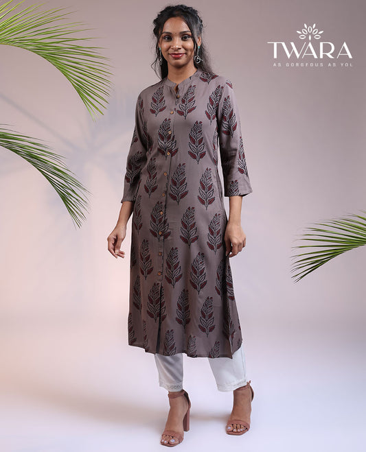 Twara grey floral printed 3/4th sleeve & Chinese collar rayon straight-cut below-knee kurti