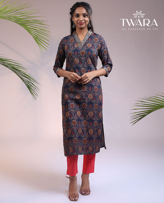 Twara blue intricately printed 3/4th sleeve & Chinese collar cotton straight-cut below-knee kurti