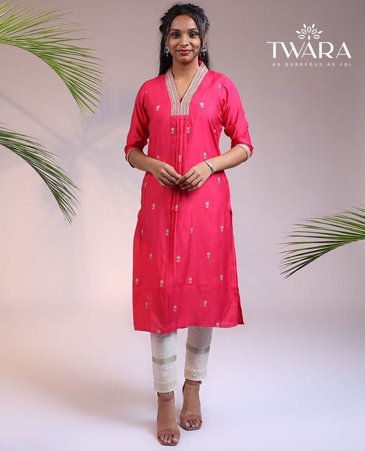 Twara pink embroidered 3/4th sleeve & V-neck muslin straight-cut below-knee kurti