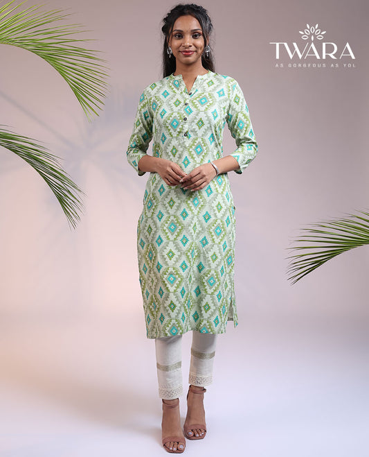 Twara multi-color geometric printed 3/4th sleeve & Chinese collar cotton straight-cut below-knee kurti