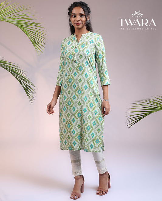 Twara multi-color geometric printed 3/4th sleeve & Chinese collar cotton straight-cut below-knee kurti
