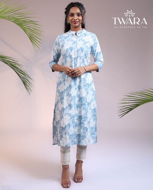 Twara blue floral printed & glitter work 3/4th sleeve & Chinese collar cotton straight-cut below-knee kurti