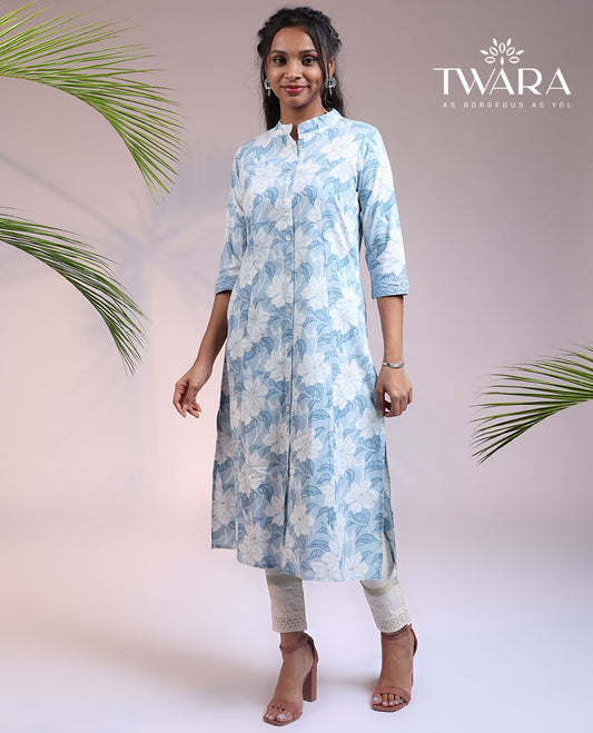 Twara blue floral printed & glitter work 3/4th sleeve & Chinese collar cotton straight-cut below-knee kurti