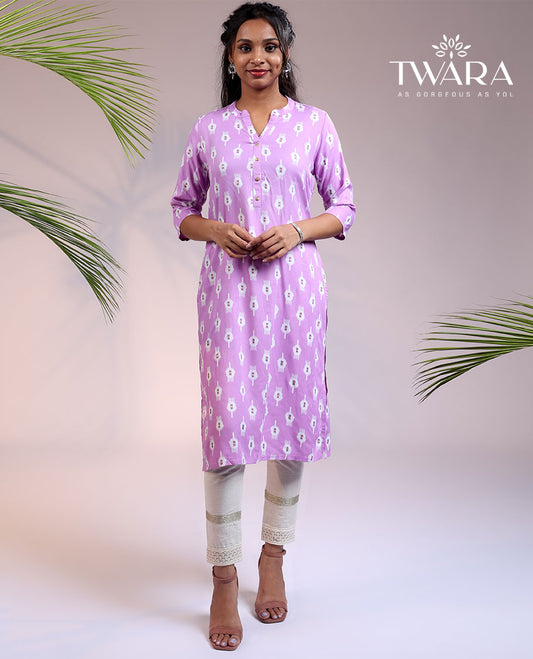 Twara lavender unique motifs printed 3/4th sleeve & Chinese collar cotton straight-cut below-knee kurti