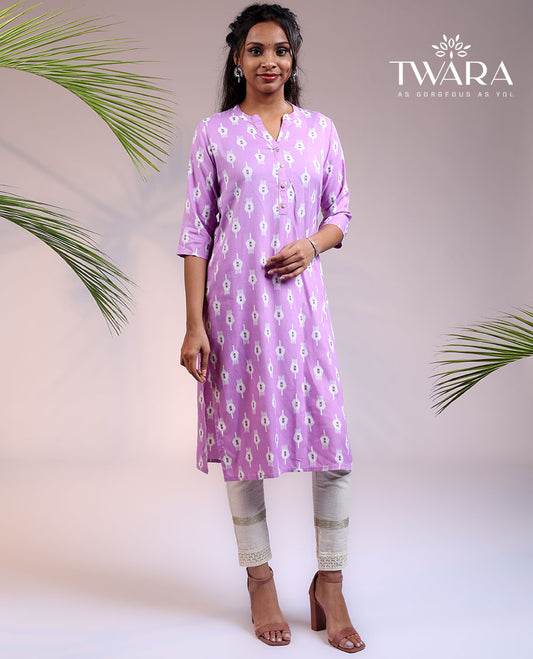 Twara lavender unique motifs printed 3/4th sleeve & Chinese collar cotton straight-cut below-knee kurti