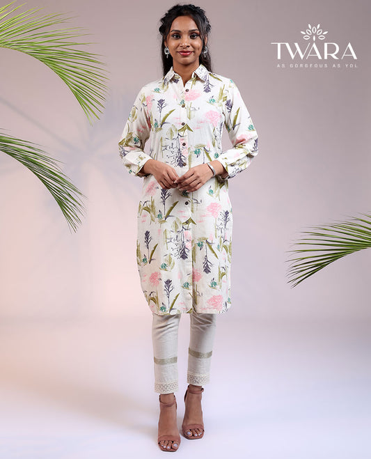 Twara cream tropical floral printed 3/4th sleeve & Chinese collar cotton straight-cut above-knee kurti