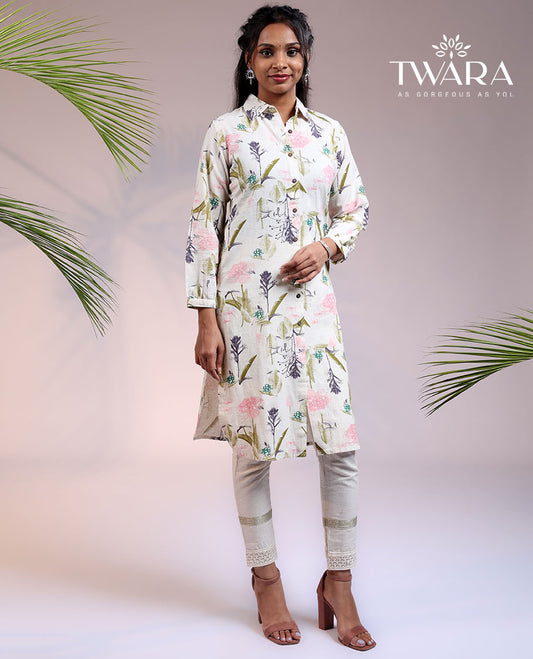 Twara cream tropical floral printed 3/4th sleeve & Chinese collar cotton straight-cut above-knee kurti
