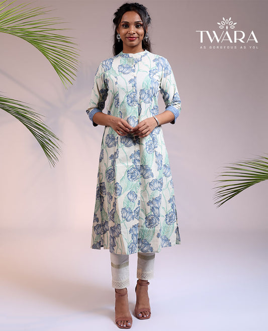 Twara cream floral vine printed 3/4th sleeve & Chinese collar cotton straight-cut below-knee kurti