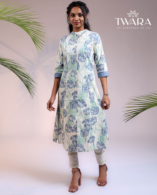 Twara cream floral vine printed 3/4th sleeve & Chinese collar cotton straight-cut below-knee kurti