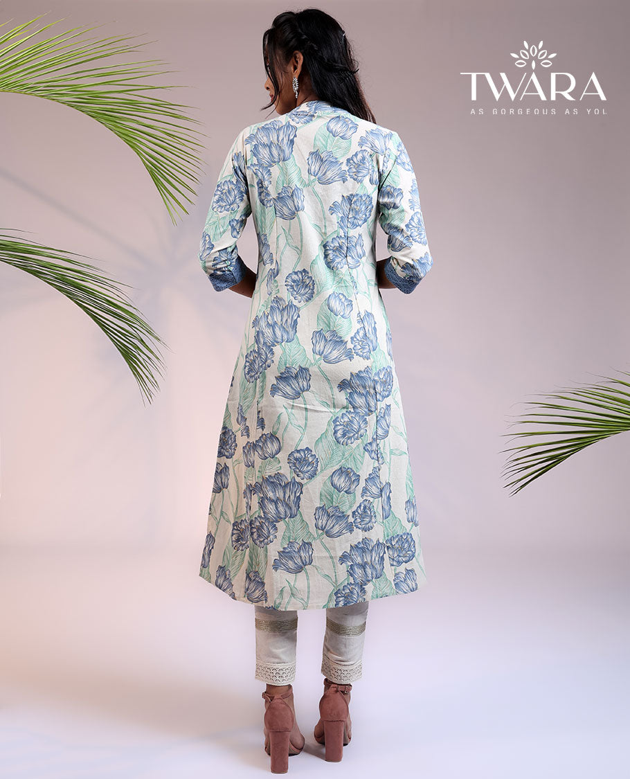 Twara cream floral vine printed 3/4th sleeve & Chinese collar cotton straight-cut below-knee kurti