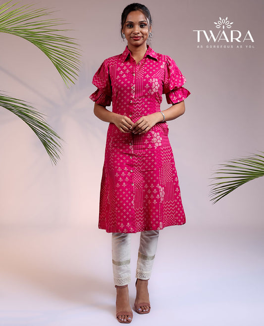 Twara pink floral & geometric designs printed puff sleeve & regular collar cotton a-line below-knee kurti