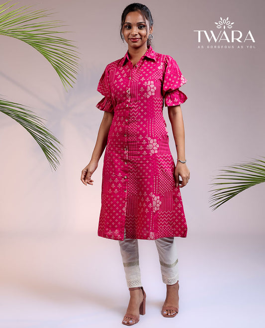Twara pink floral & geometric designs printed puff sleeve & regular collar cotton a-line below-knee kurti