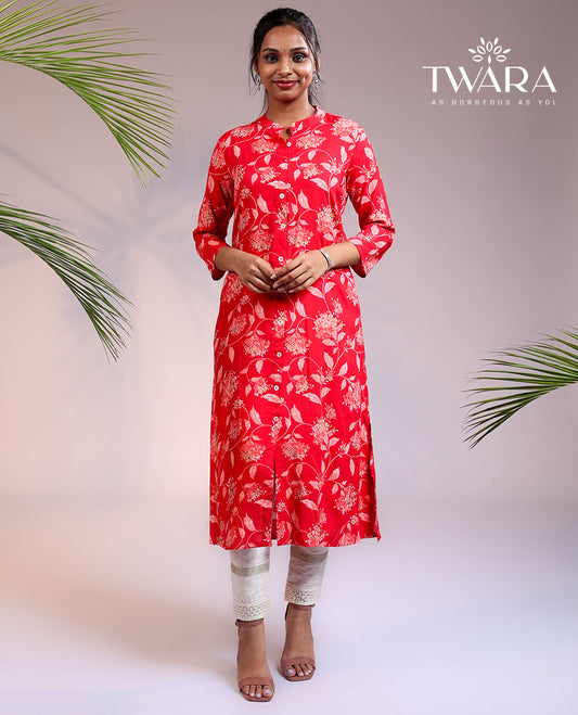 Twara red floral vine printed 3/4th sleeve & Chinese collar rayon straight-cut below-knee kurti