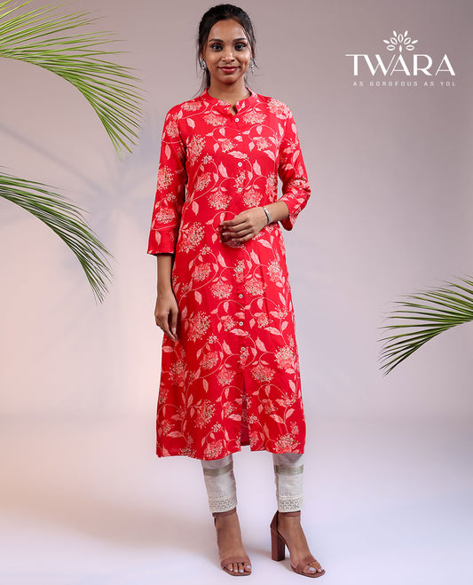 Twara red floral vine printed 3/4th sleeve & Chinese collar rayon straight-cut below-knee kurti
