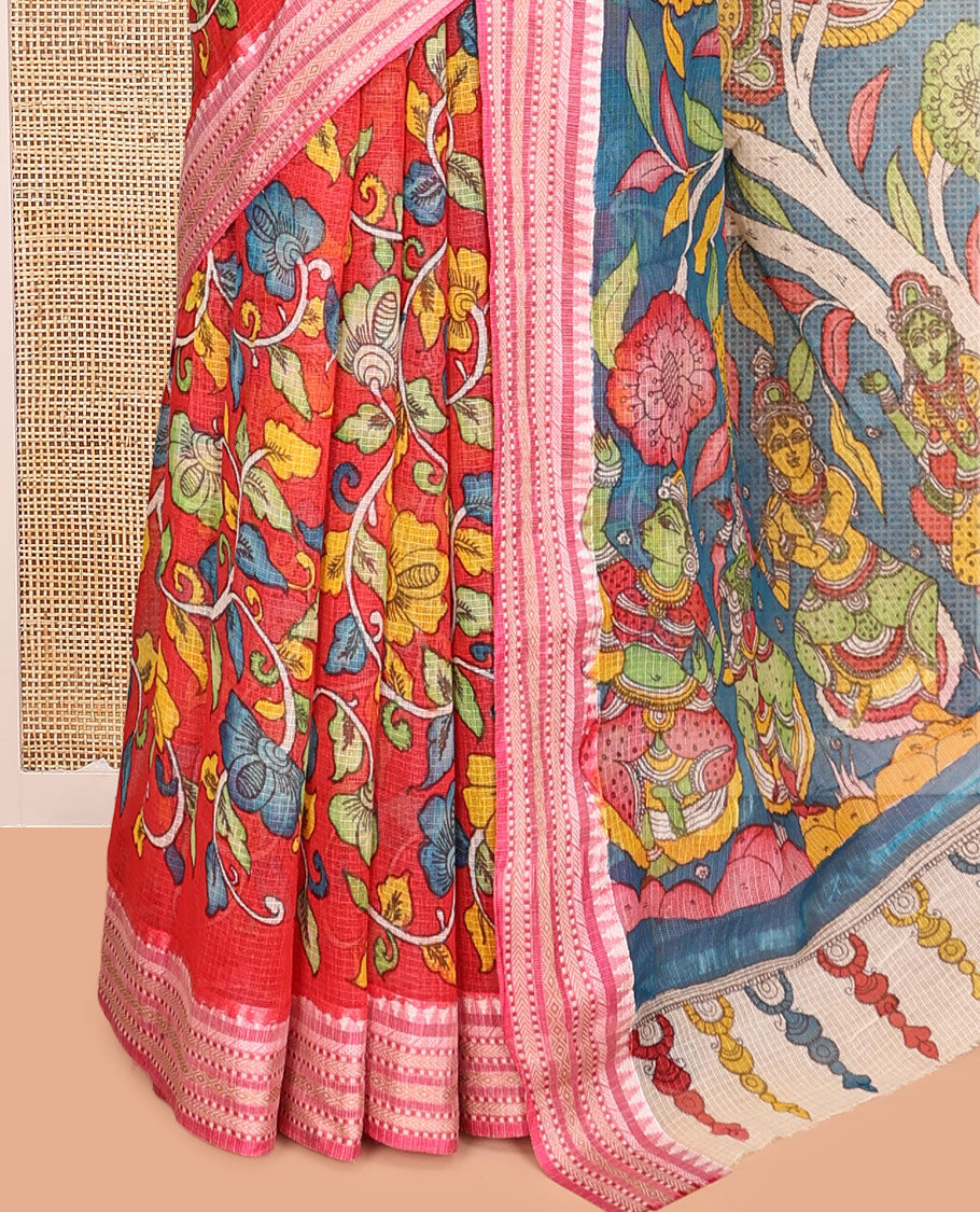 Red Kalamkari Silk Saree, Crafted with Floral Vine Print, a Contrast Traditional Thread Border, Pallu of Ancient Human Figurines, and a Contrast Blouse