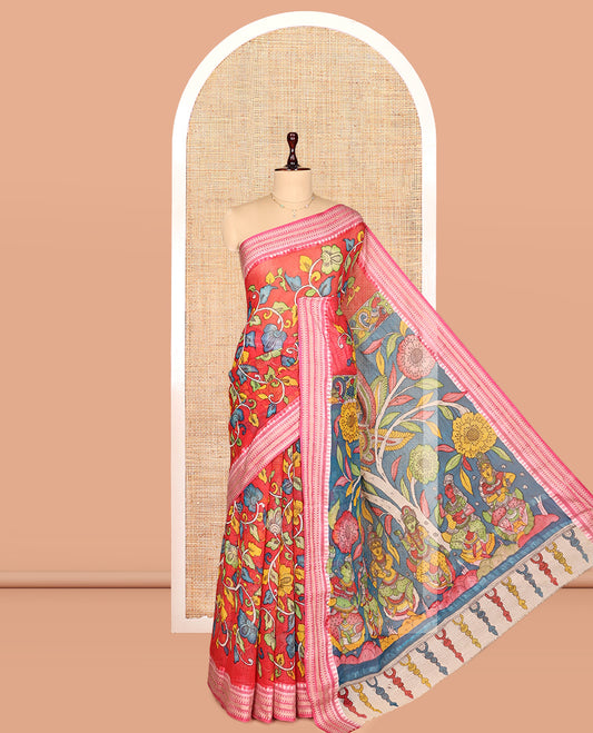 Red Kalamkari Silk Saree, Crafted with Floral Vine Print, a Contrast Traditional Thread Border, Pallu of Ancient Human Figurines, and a Contrast Blouse