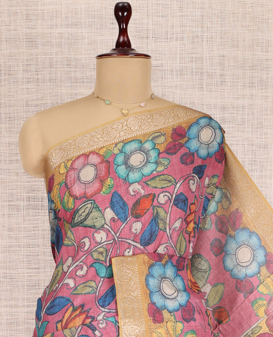 Pink Kalamkari Printed Fancy Tussar Saree
