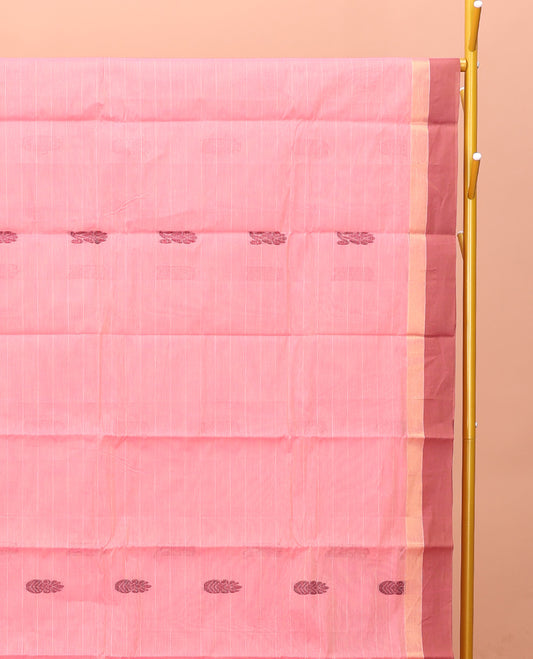 Pink Kanchi Cotton Saree, Featuring Buttas and Stripes on Its Body, Contrast Border, Pallu of Floral Design, and a Matching Blouse