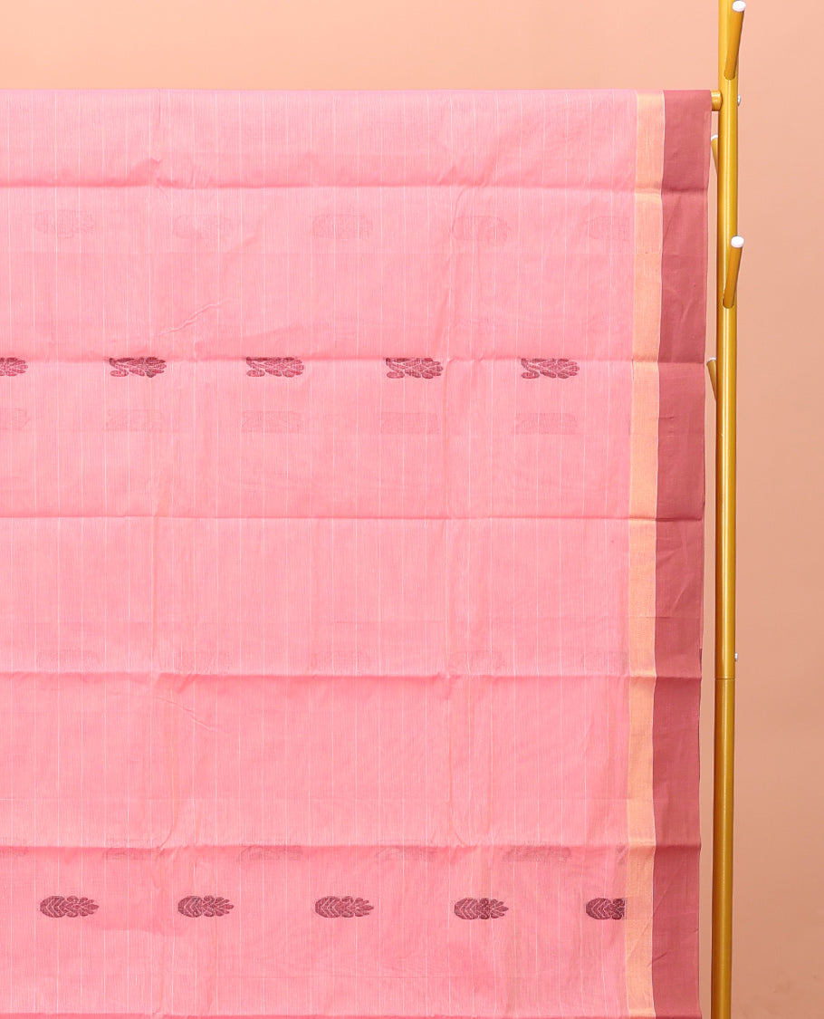 Pink Kanchi Cotton Saree, Featuring Buttas and Stripes on Its Body, Contrast Border, Pallu of Floral Design, and a Matching Blouse