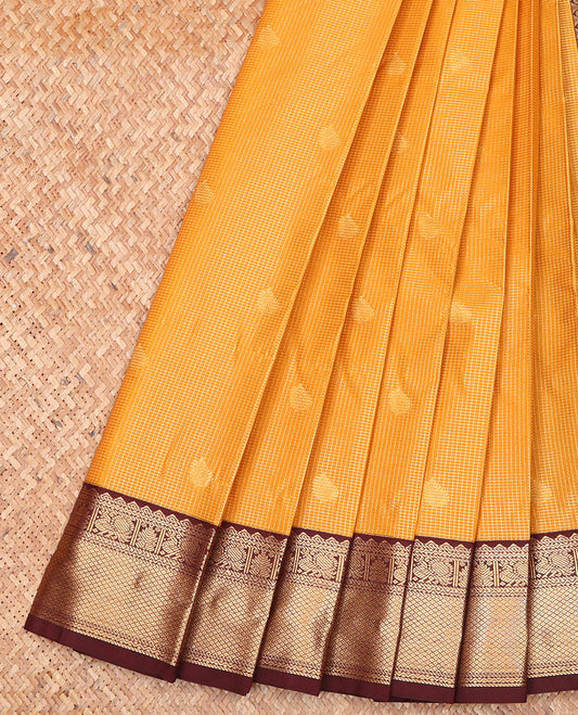 Orange Budget Silk Saree, Embellished with Zari Buttas and Micro-Checks on Its Body, Complemented by a Contrast Traditional Zari Design Border, Intricately Designed Pallu, and Paired with a Contrast Blouse