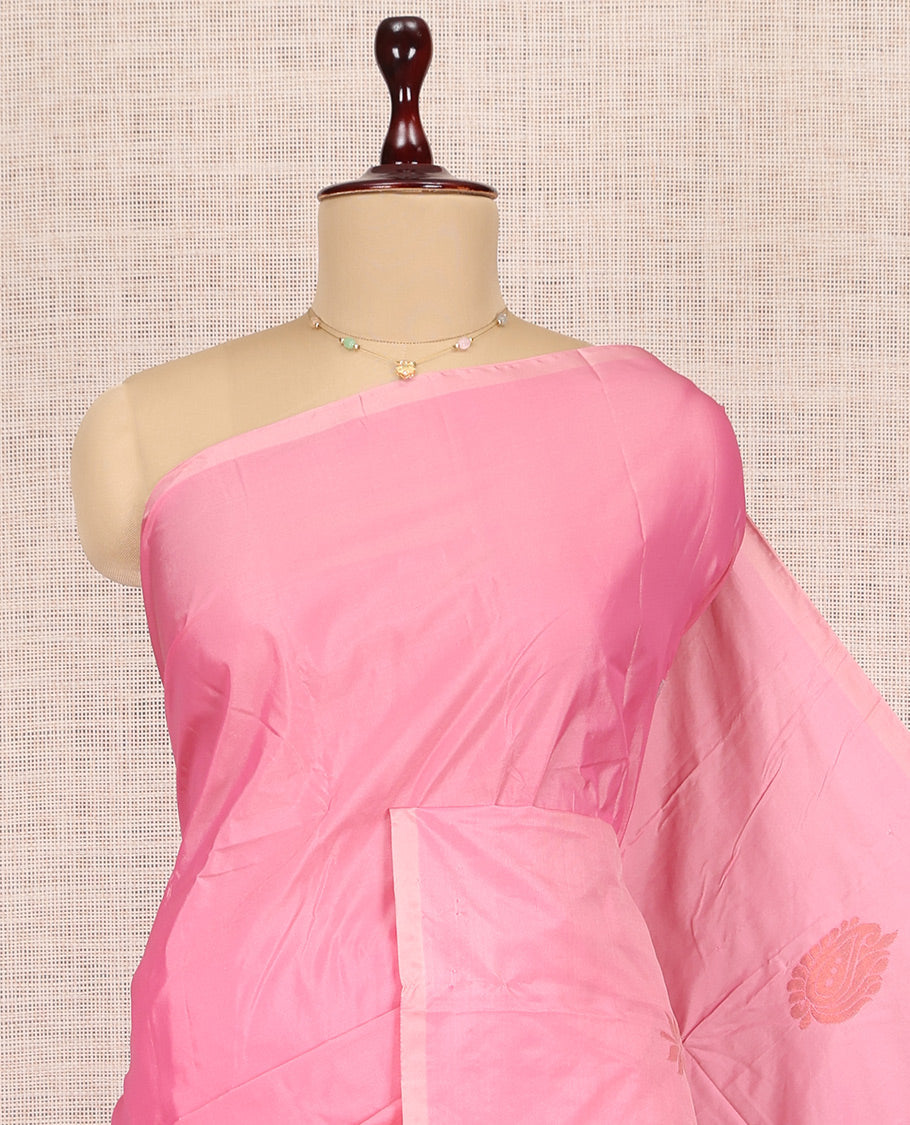 Borderless Pink Zari Buttas Woven Arani Saree, a Contrast Pallu of Buttas and Stripes, and a Contrast Blouse