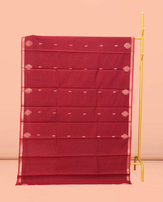 Crimson Red Semi-Silk Cotton Saree, Enriched with Zari Buttas All Over Its Body, a Subtle Zari Piping Border, Complemented by Contrast Pallu of Peacock Butta Enclosed Checked Design, and Paired with a Contrast Blouse