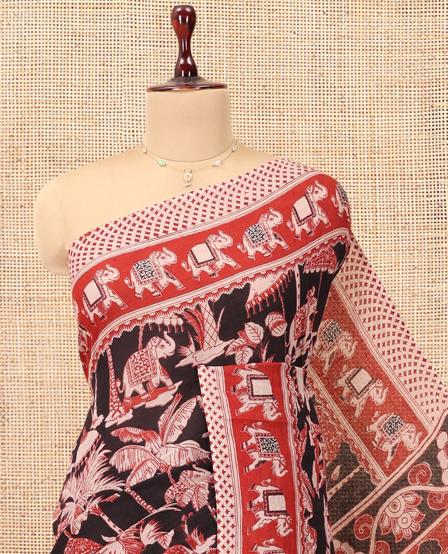 Black Kalamkari Cotton Saree, Ornamented with Animal Themed Print, Contrast Printed Border, Kalamkari Animal Motifs Pallu, and a Contrast Blouse