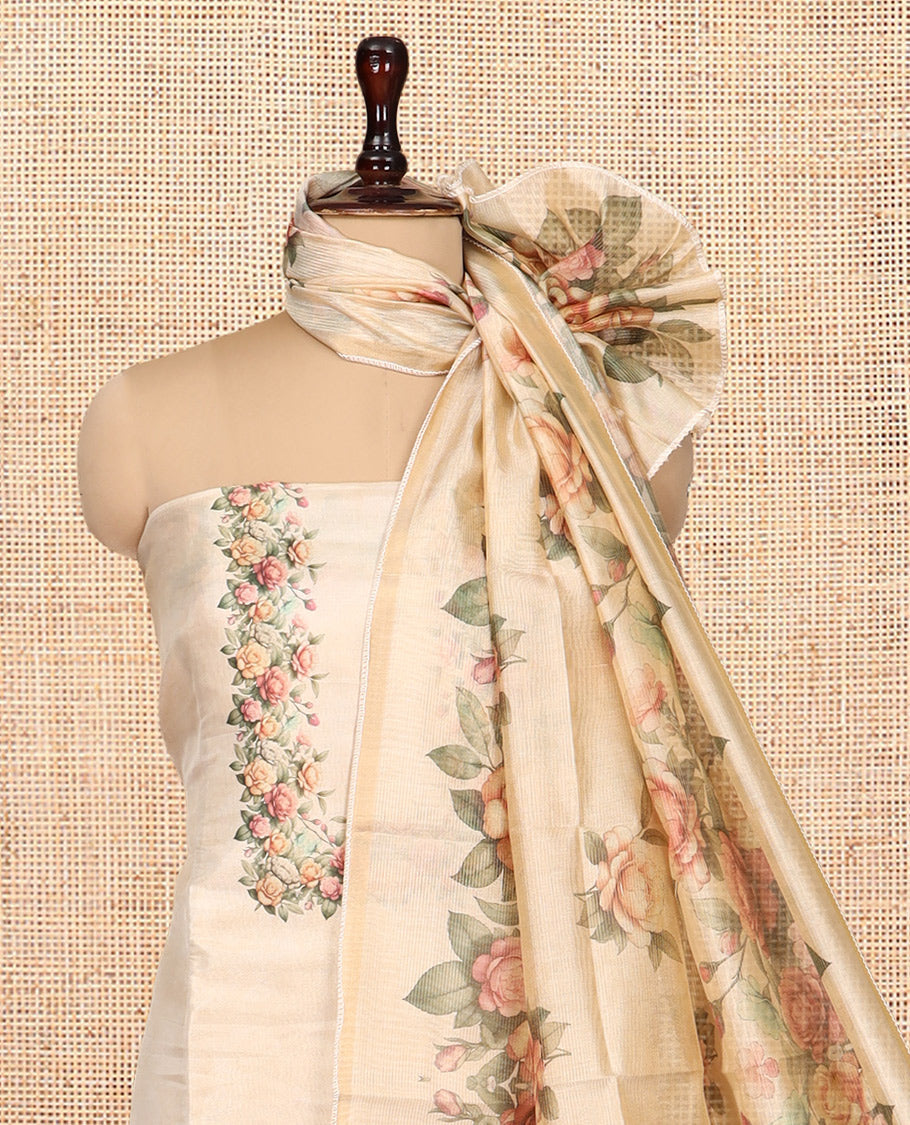 Gold-Chikku Tissue Material Churidar, Elevated with Rose Floral Printed Top, a Contrast Bottom, a Floral Printed Dupatta