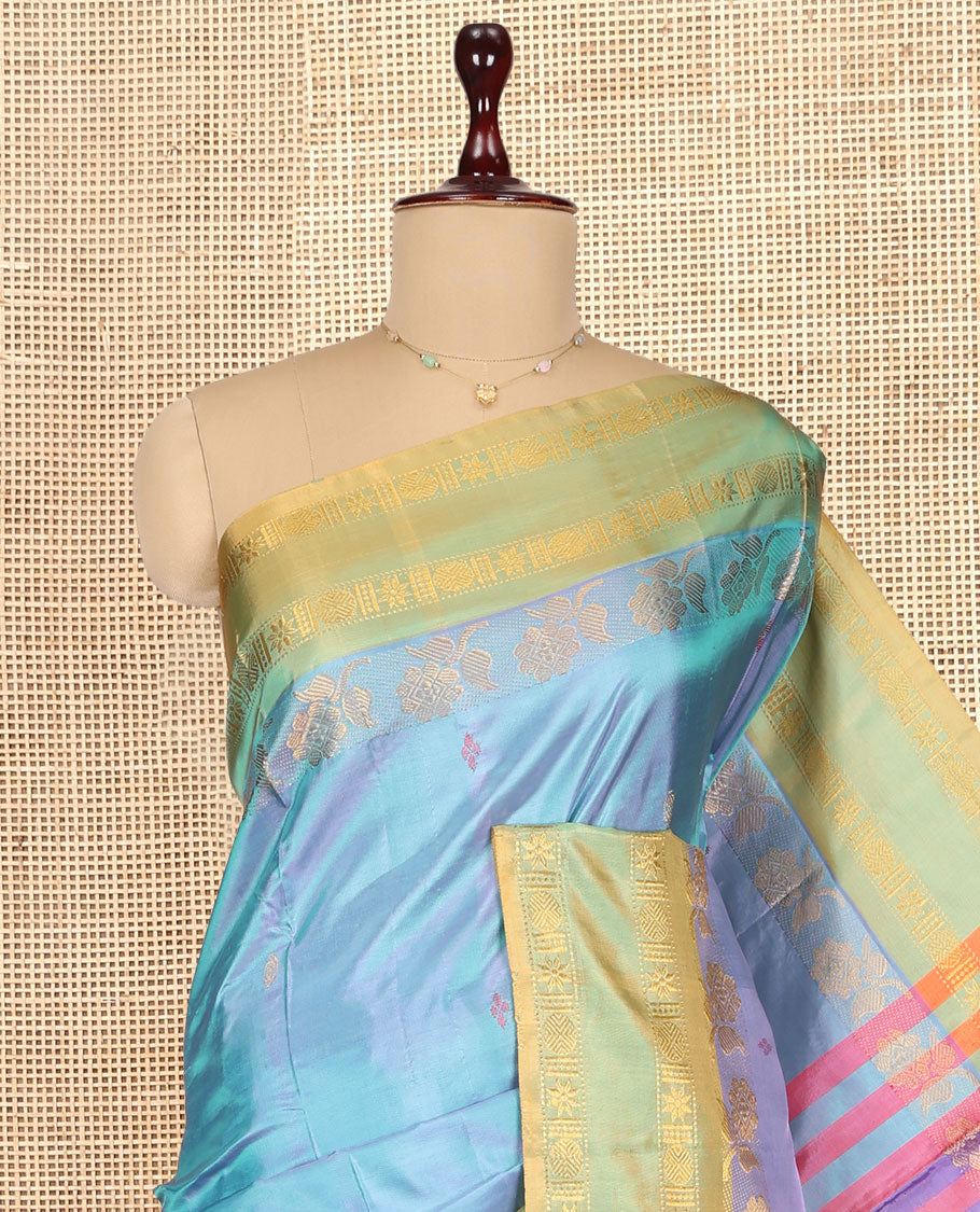Blue Banana Pith Saree, Woven with Thread Buttas, Complemented by a Contrast Rettai Pettu Traditional Border, Pallu of Stripes and Buttas, and a Contrast Blouse