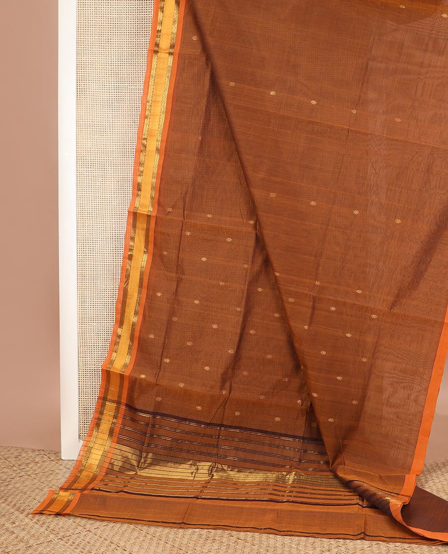 Honey orange zari buttas Venkatagiri cotton saree, contrast diamond-patterned border & zari striped pallu