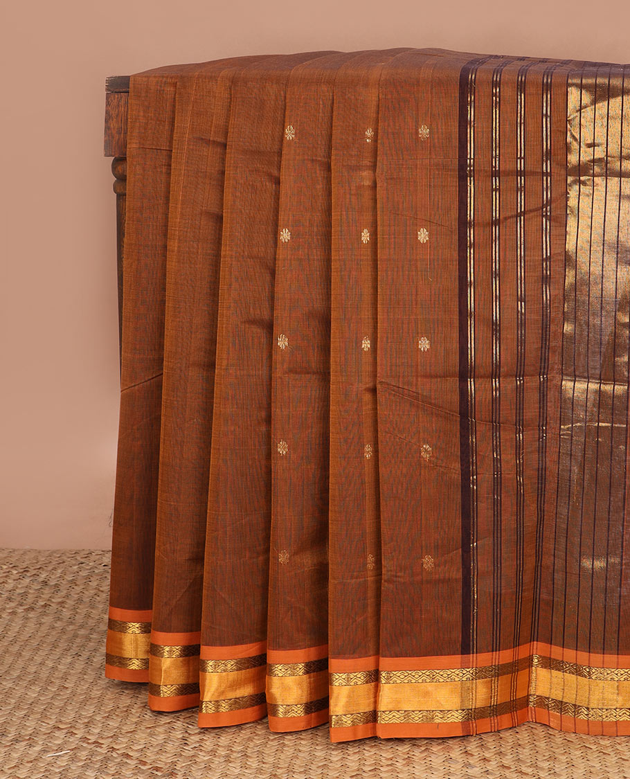 Honey orange zari buttas Venkatagiri cotton saree, contrast diamond-patterned border & zari striped pallu