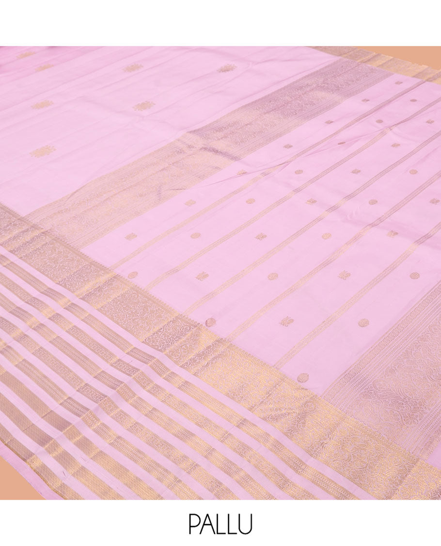 Pink Kanchipuram Silk Saree, Prettified with Zari Buttas, Highlighted by Sparsely Woven Traditional Zari Border, Grand Pallu, and Matching Blouse