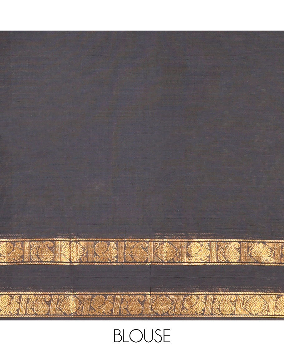 Black Plain Chettinad Cotton Saree, Highlighted by a Rettai Pettu Traditional Border, Striped Pallu, and a Matching Blouse