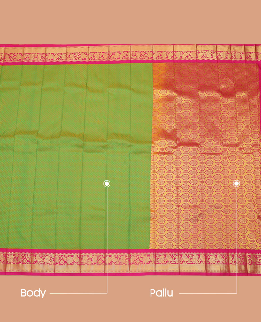 Green Budget Silk Saree, Elevated with Jaal Design All Over Its Body, Complemented by a Contrast Floral Creeper Design Border, Grand Pallu, and Paired with a Contrast Blouse