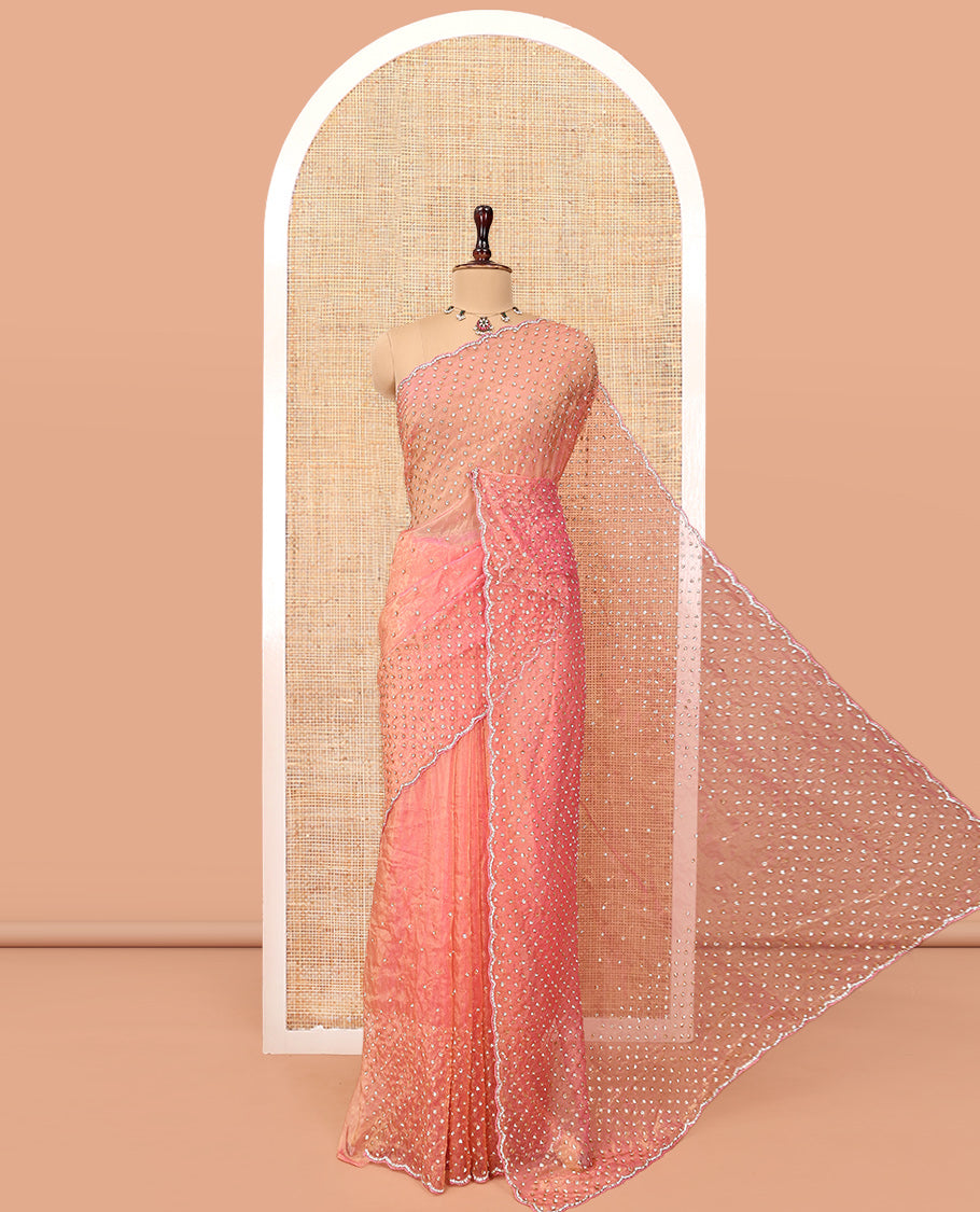 Pink Organza Glass Tissue Saree With Stonework, a Scallop Border, and a Matching Blouse
