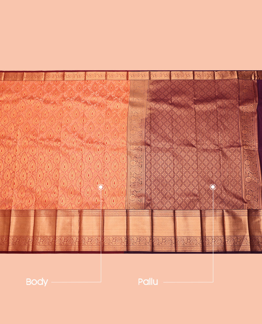 Peach Budget Silk Saree, Charmingly Accented with Jacquard, Complemented by Contrast Traditional Zari Border, Grand Jaal Pallu, and a Contrast Blouse