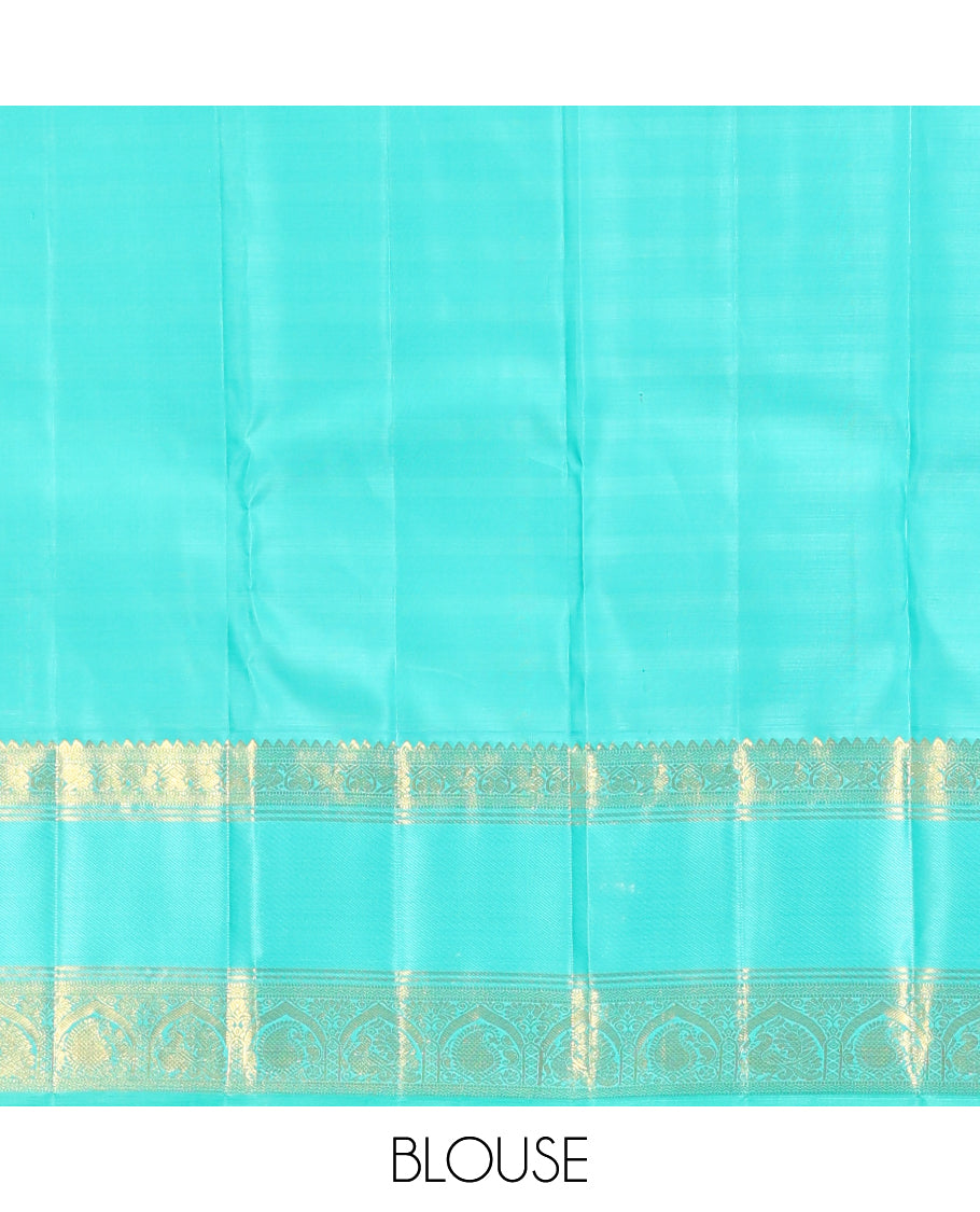 Brown Striped Kanchipuram Silk Saree, Complemented by a Contrast Border of Rekku, Muthu, Neli, Mayil, and Arumbu Manga Designs, Grand Pallu, and a Contrast Blouse