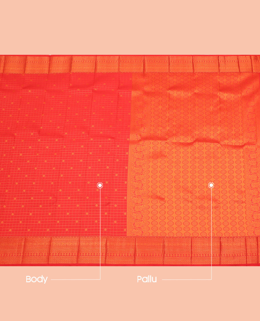 Red Budget Silk Saree, Bedecked with Zari Buttas and Checks All Over Its Body, Highlighted by a Traditional Zari Design Border, Grand Pallu, and Paired with a Matching Blouse