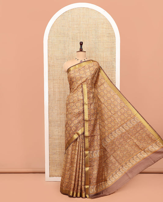 Brown Printed Silk Saree, Accentuated with Floral Jaal Prints, Highlighted by a Traditional Zari Border, Printed Pallu, and a Matching Blouse
