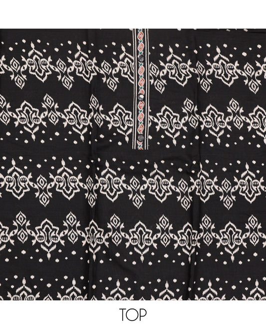 Black Material Chudidar Set, Mesmerized with Ikkat-Style Motifs Print on Rayon Top, a Plain Cotton Bottom, and Paired with a Plain Chiffon Dupatta