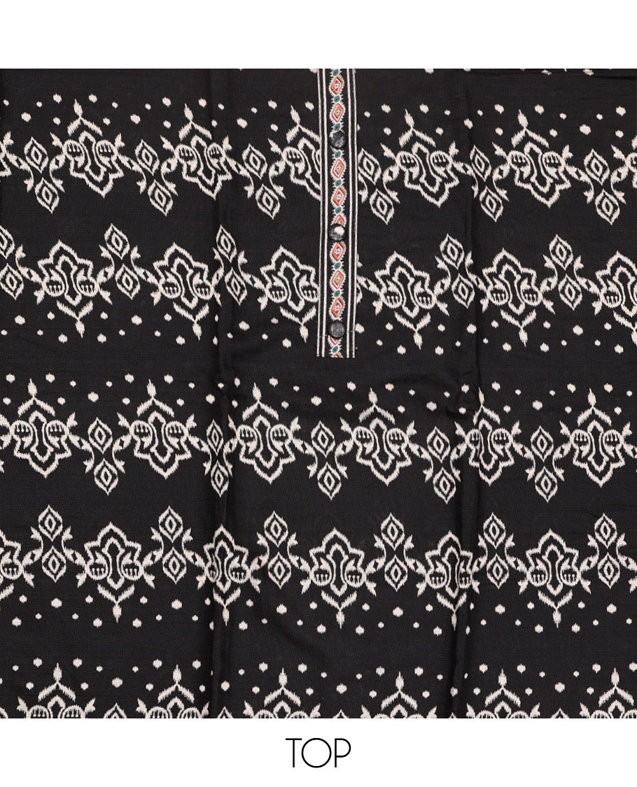 Black Material Chudidar Set, Mesmerized with Ikkat-Style Motifs Print on Rayon Top, a Plain Cotton Bottom, and Paired with a Plain Chiffon Dupatta
