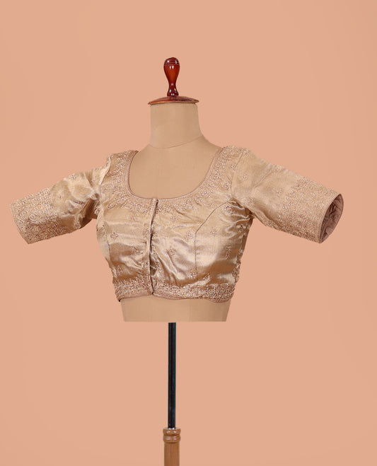 Gold thread embroidered front-back round neck elbow sleeve blouse