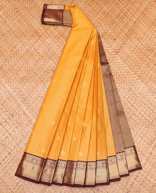 Orange Budget Silk Saree, Embellished with Zari Buttas and Micro-Checks on Its Body, Complemented by a Contrast Traditional Zari Design Border, Intricately Designed Pallu, and Paired with a Contrast Blouse