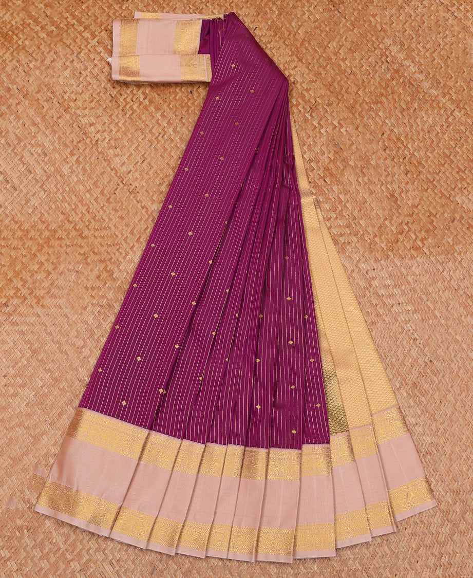 Purple Budget Silk Saree Elegantly Framed with Zari Buttas and Stripes, Complemented by a Contrast Traditional Zari Motif Rettai Pettu Border, Decorated with Pallu of Intricate Designs, and Paired with a Contrast Blouse