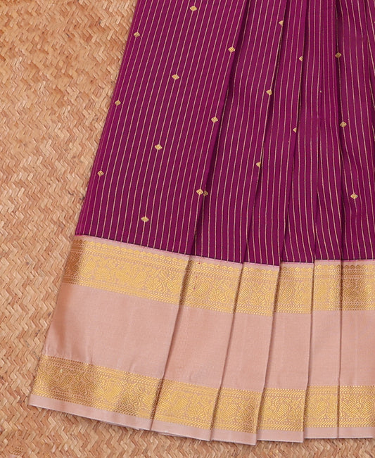 Purple Budget Silk Saree Elegantly Framed with Zari Buttas and Stripes, Complemented by a Contrast Traditional Zari Motif Rettai Pettu Border, Decorated with Pallu of Intricate Designs, and Paired with a Contrast Blouse